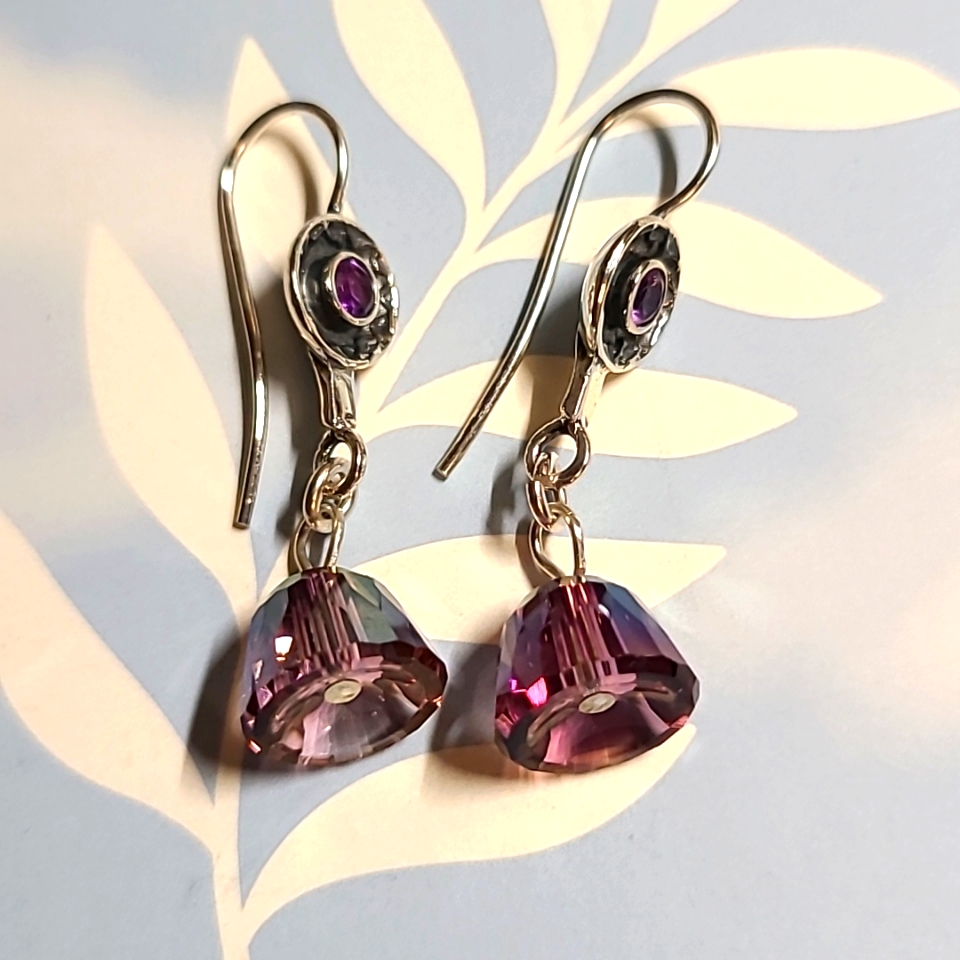 Earrings Of Sterling Silver And Amethyst Bell Shaped Gems